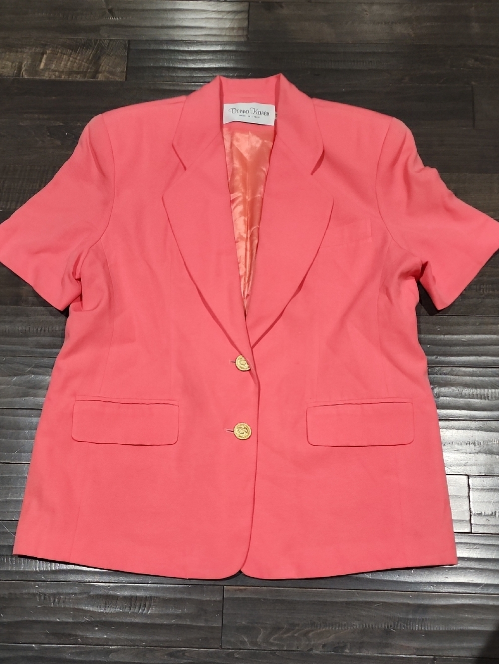 Donna Karan Coral Pink Short-Sleeve Blazer with Gold Buttons
